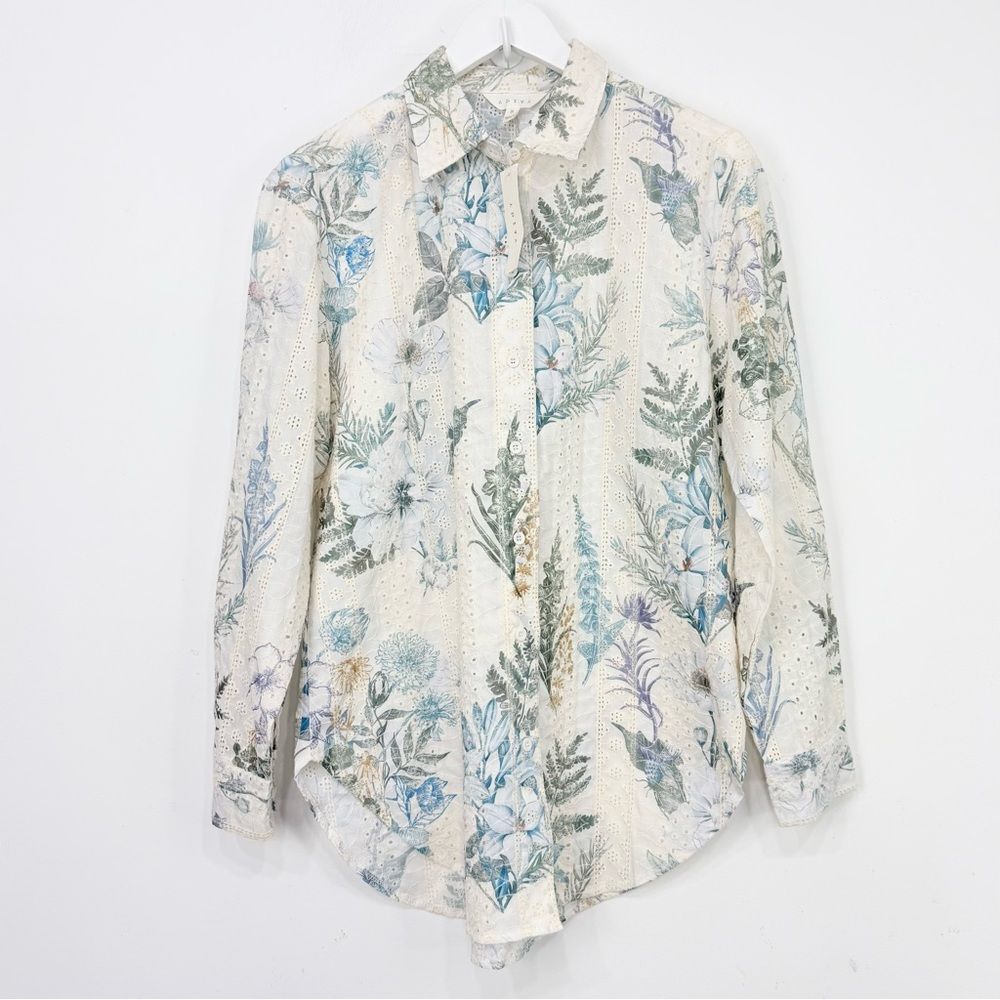 ADIVA Cream Blue Botanical Print Lacey Cotton Button Up Long Sleeve Shirt NEW